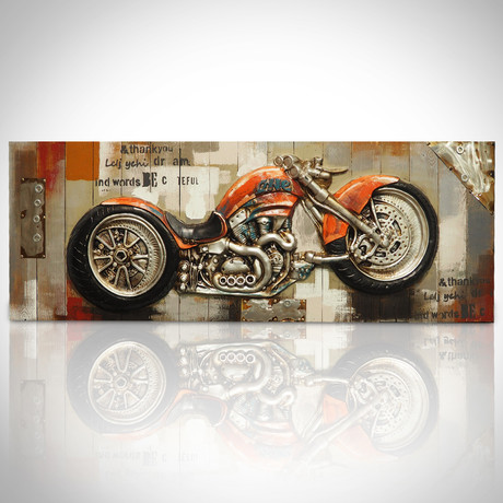 Red Motorcycle 3D Art // Wood Plank Oil Painting