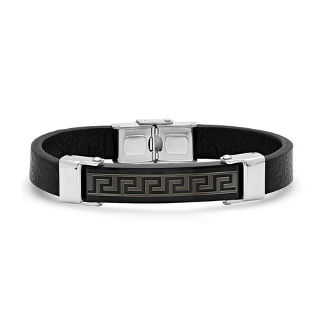 Greek Key Accent // Black Leather Bracelet + Black IP