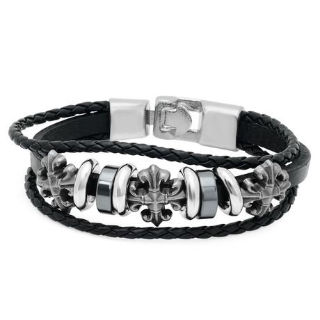 Fleur-De-Lis Medallion Leather Bracelet // Black