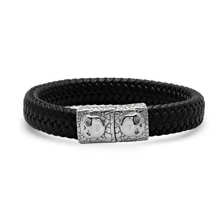 Black Leather Braided Bracelet // Stainless Steel Cobblestone + Skull