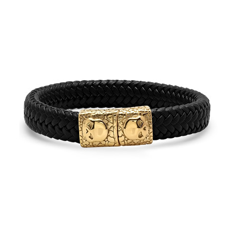 Black Leather Braided Bracelet // 18k Gold Plated Cobblestone + Skull