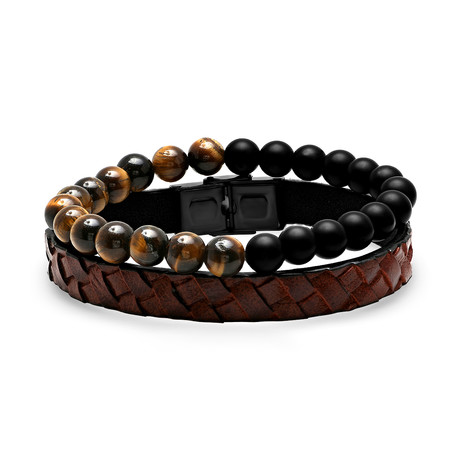 Set Of 2 Leather Bracelets // Tiger Eye + Black Lava