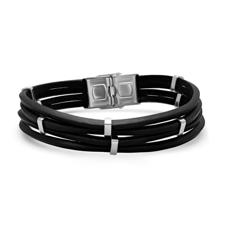 Black Leather Layered Bracelet // Stainless Steel Accents + Clasp
