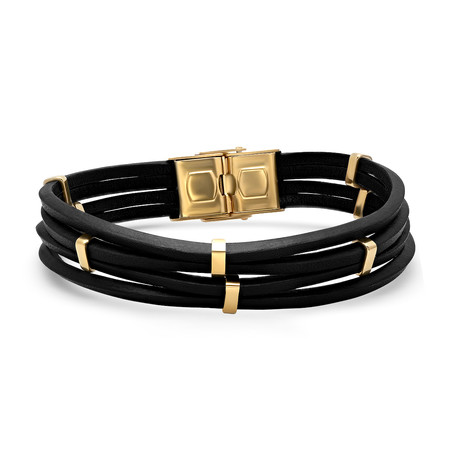 Black Leather Layered Bracelet // 18k Gold Plated Accents + Clasp