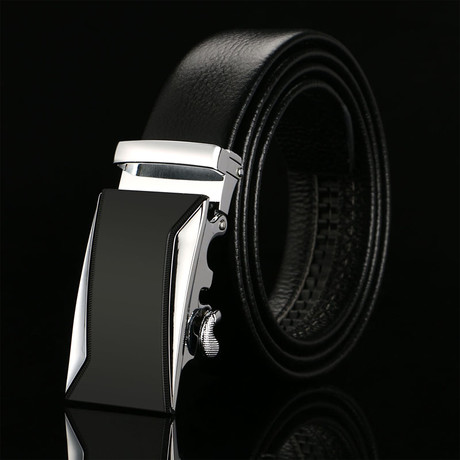 Picket Adjustable Buckle Leather Belt // Black + Silver