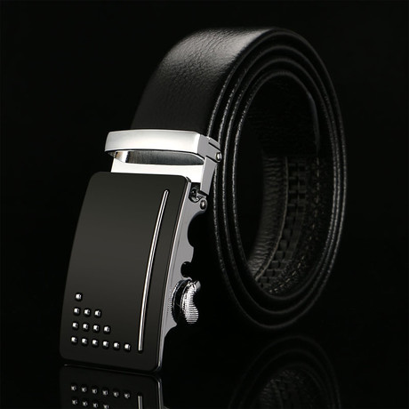 Slash Adjustable Buckle Leather Belt // Black + Silver