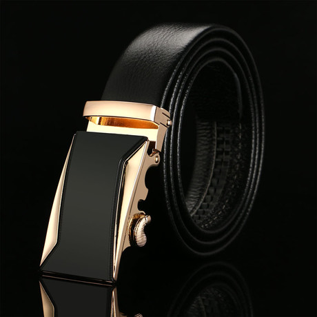 Picket Adjustable Buckle Leather Belt // Black + Gold