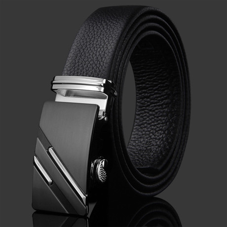 Double Slash Adjustable Buckle Leather Belt // Black + Silver
