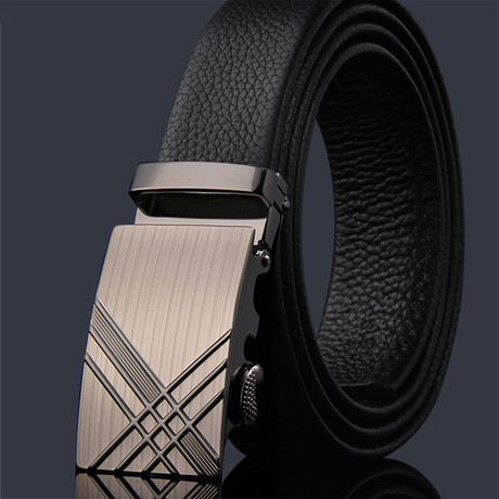 X Adjustable Buckle Leather Belt // Black + Gunmetal