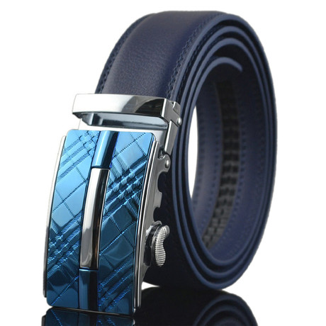 Blue Plaid Adjustable Leather Belt // Blue + Silver