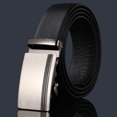 Stripe Adjustable Buckle Leather Belt // Black + Gunmetal