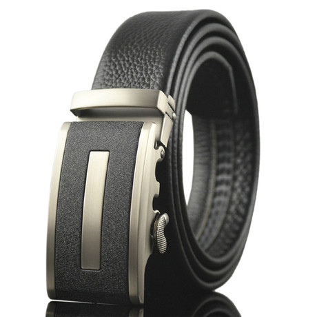 Border Adjustable Buckle Leather Belt // Black + Silver