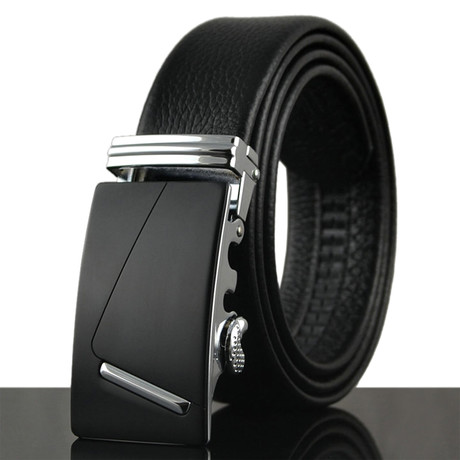Minimalistic Adjustable Buckle Leather Belt // Black + Silver