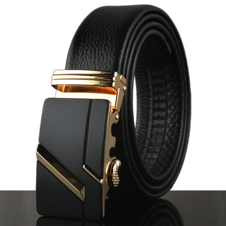 Futuristic Adjustable Buckle Leather Belt // Black + Gold