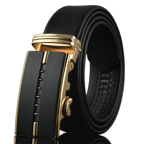 Overlap Adjustable Buckle Leather Belt // Black + Gold