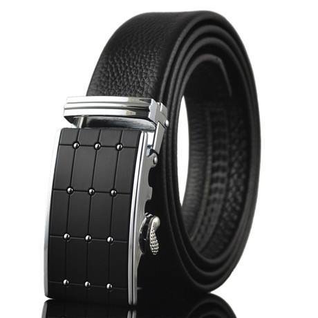 Austin Adjustable Buckle Leather Belt // Black + Silver