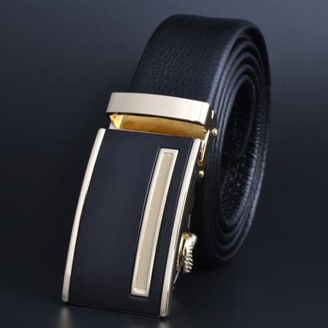 Sleek Adjustable Buckle Leather Belt // Black + Gold