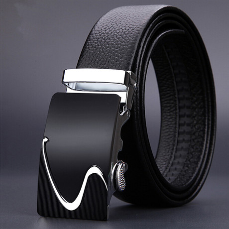 Weave Adjustable Buckle Leather Belt // Black + Silver