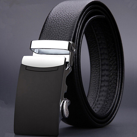 Classic Adjustable Buckle Leather Belt // Black + Silver