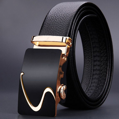 Weave Adjustable Buckle Leather Belt // Black + Gold