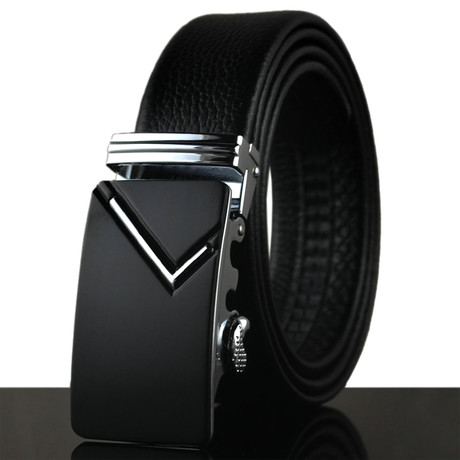 Checked Adjustable Buckle Leather Belt // Black + Silver