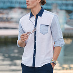 Color Block Button-Up Shirt // White + Blue (S)