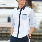 Color Block Button-Up Shirt // White + Blue (L)