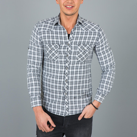 Pocketed Plaid Button-Up Shirt // White (S)