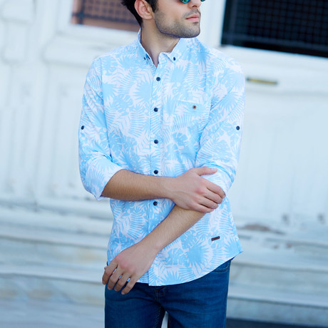 Tropical Pattern Button-Up Shirt // Blue (S)
