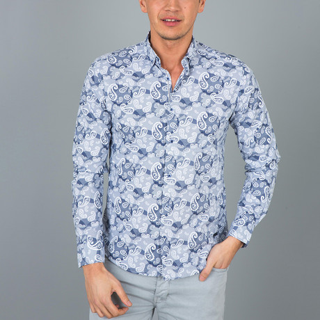 Paisley Pattern Button-Up Shirt // Navy + Light Blue (S)