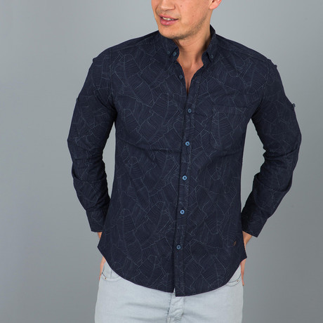 Leaf Pattern Button-Up Shirt // Navy (XL)