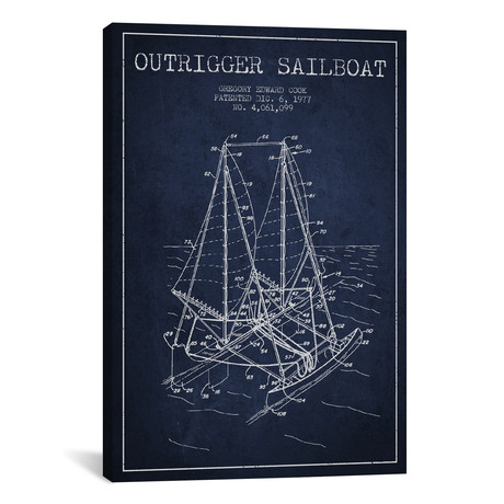 Outrigger Sailboat Navy Blue Patent Blueprint // Aged Pixel (26"H x 18"W x 0.75"D)