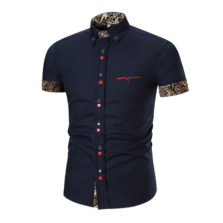 Short Sleeve Shirt // Navy Blue + Black Gold Paisley (S)
