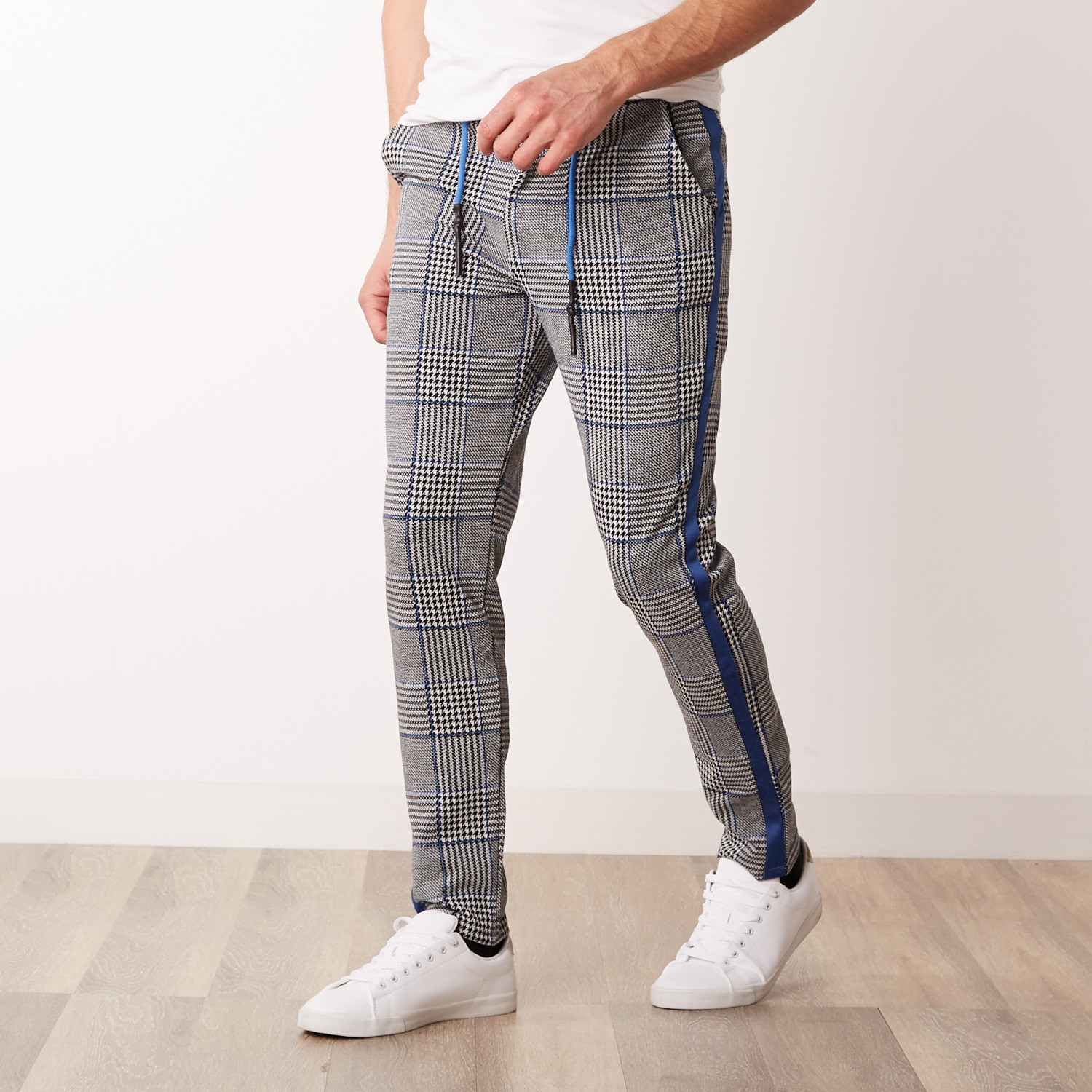 plaid joggers with stripe