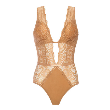 Edgy Lace Teddy // Plunge Neckline And Dramatic Open Back // Indian Tan (S)