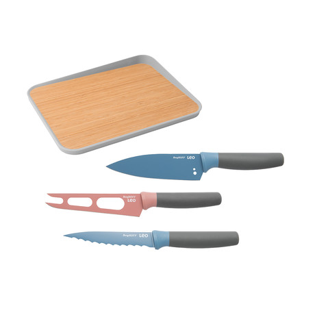 Leo 4pc Stainless Steel Knife Set + 16" Bamboo Cutting Board