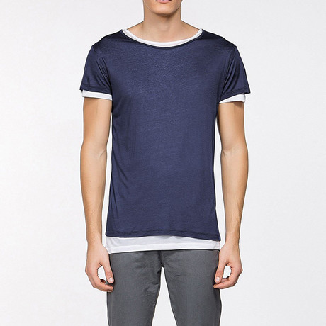 Crew Neck Silk T-Shirt // Navy Blue + White (S)