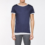 Crew Neck Silk T-Shirt // Navy Blue + White (L)