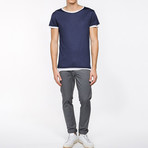 Crew Neck Silk T-Shirt // Navy Blue + White (L)