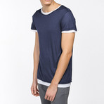 Crew Neck Silk T-Shirt // Navy Blue + White (L)