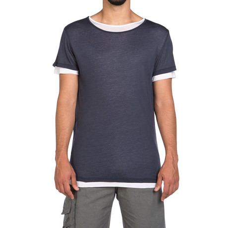 Silk Blend Crew Neck T-Shirt // Navy Blue + White (S)