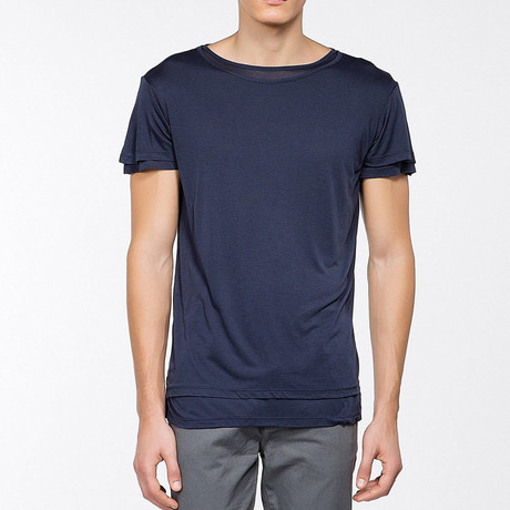 Silk Blend Crew Neck T-Shirt // Navy Blue (S)