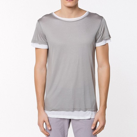 Silk Blend Double Crew Neck T-Shirt // Grey & White (S)