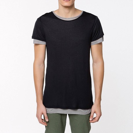 Silk Blend Double Crew Neck T-Shirt // Black & Grey (S)