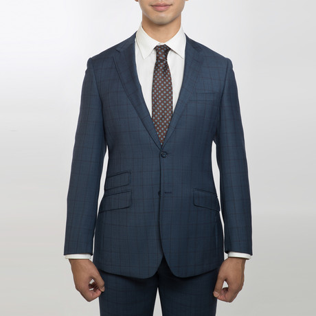 2BSV Notch Lapel Pick Stitch Suit // Blue Burgundy Plaid (38R)