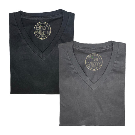 Organic Cotton Semi-Fitted V-Neck T-Shirt // Pack of 2 // Black + Heavy Metal (S)