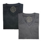 Organic Cotton Semi-Fitted V-Neck T-Shirt // Pack of 2 // Black + Heavy Metal (L)