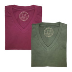 Organic Cotton Semi-Fitted V-Neck T-Shirt // Pack of 2 // Burgundy + Military Green (S)