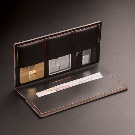 S3 Double Wallet // Black + Orange Stitching
