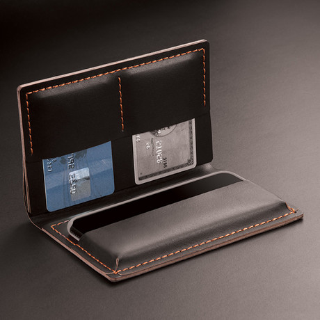 S4 iPhone Plus Wallet // Black + Orange Stitching